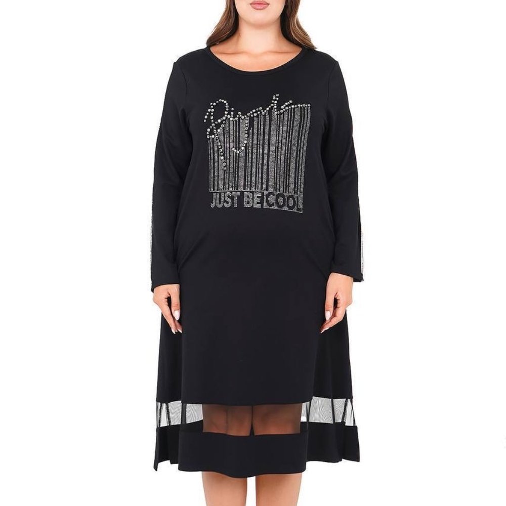 Designer Bright Black Elegant Dress X XL with Rhinestones